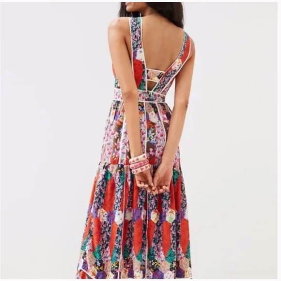 Square Neck Floral Peasant Boho Modern Hippie Farm Hipster Patchwork Maxi Dress - Picture 5 of 6